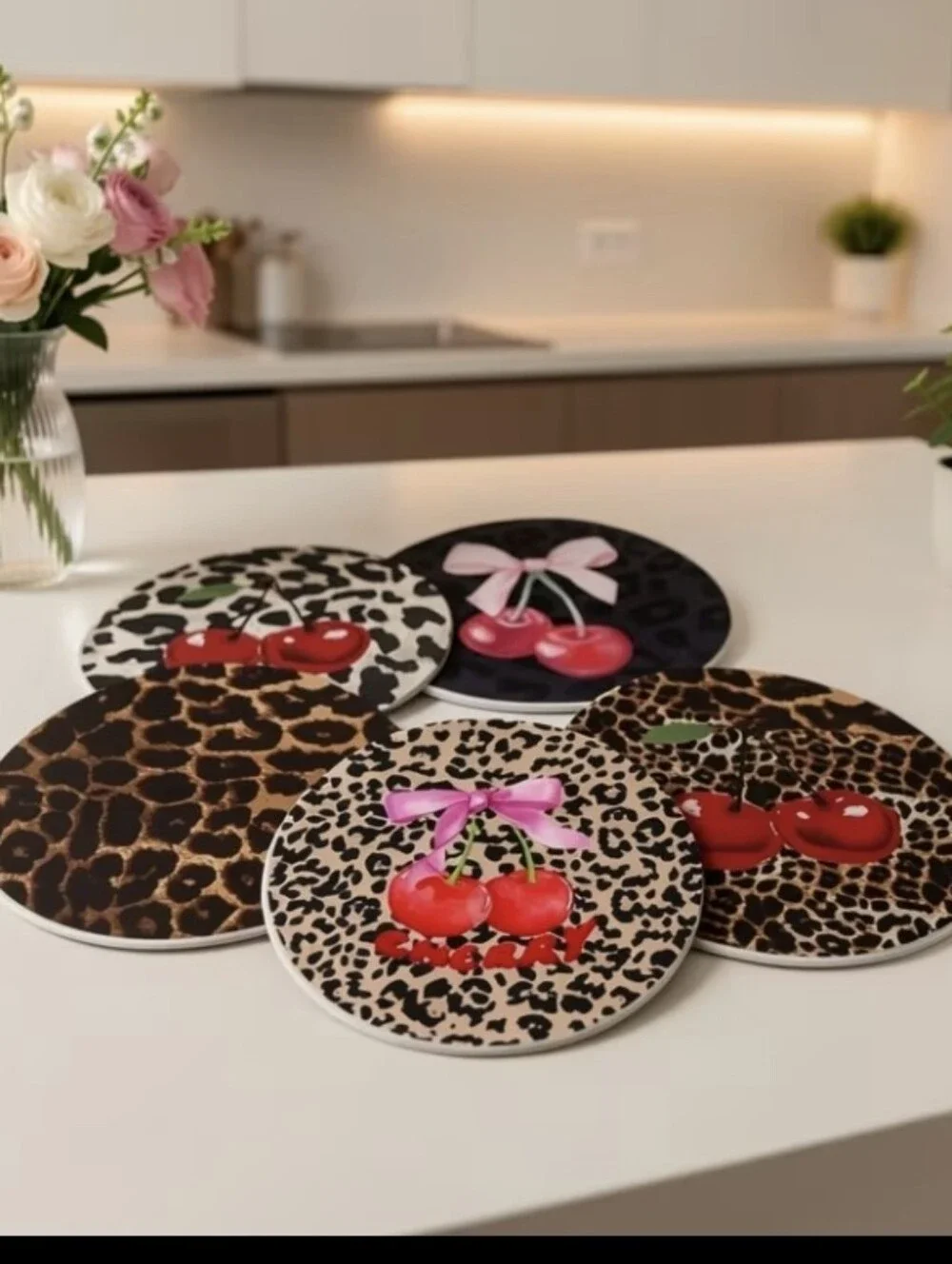 Cherry Leopard Animal Print Decor 6pc Coaster Set NEW